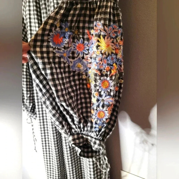 CASLON Nordstrom Wmn's black white gingham embroidered bubble sleeves dress, 1X - Picture 5 of 11